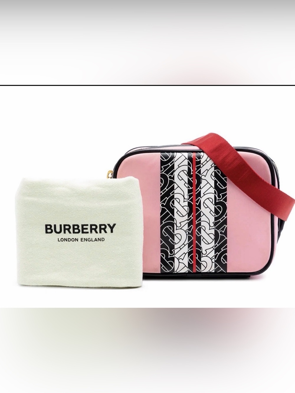 Burberry Candy Pink TB Monogram Stripe Camera Case Crossbody Bag Youth Edition